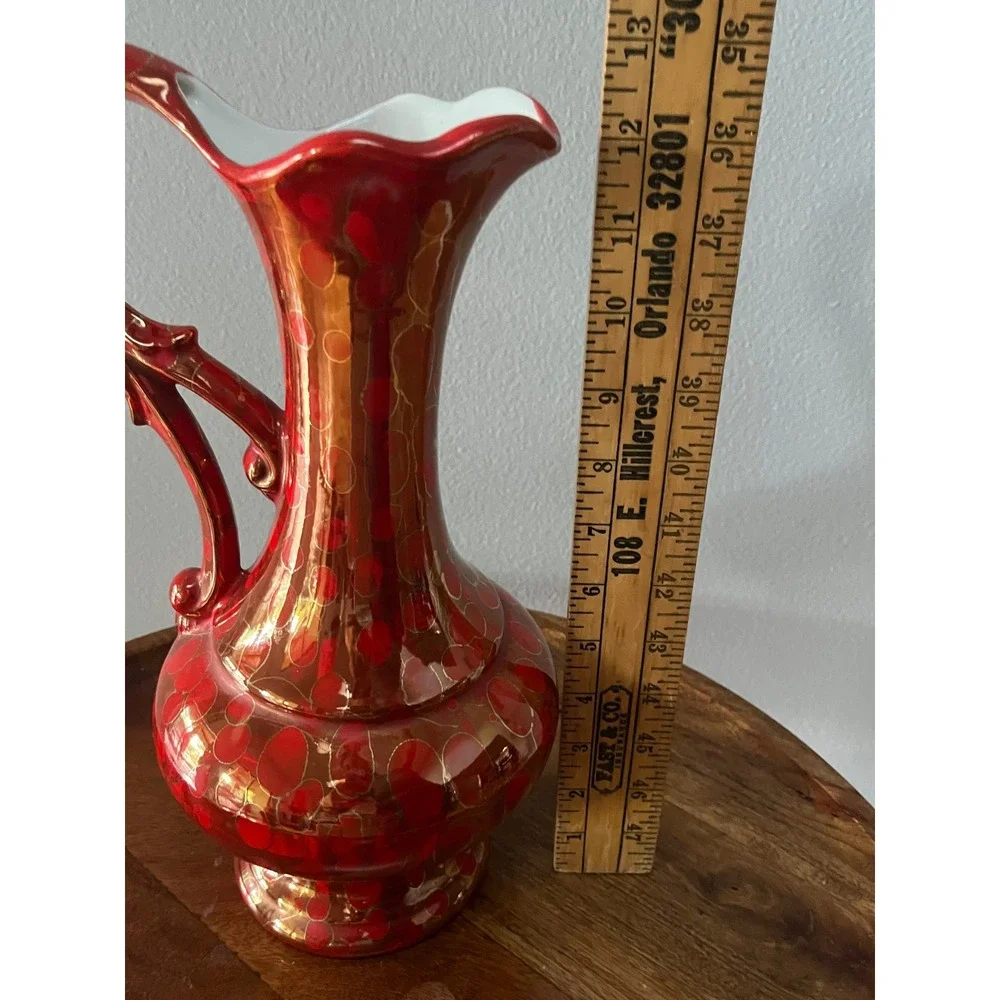 Vintage‎ Bold Red and Gold Vase Pitcher Ewer 1981 MCM vibe signd